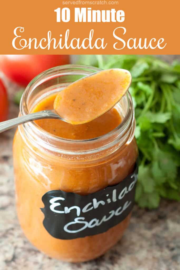 an open labeled jar of enchilada sauce with a spoon and Pinterest pin text.
