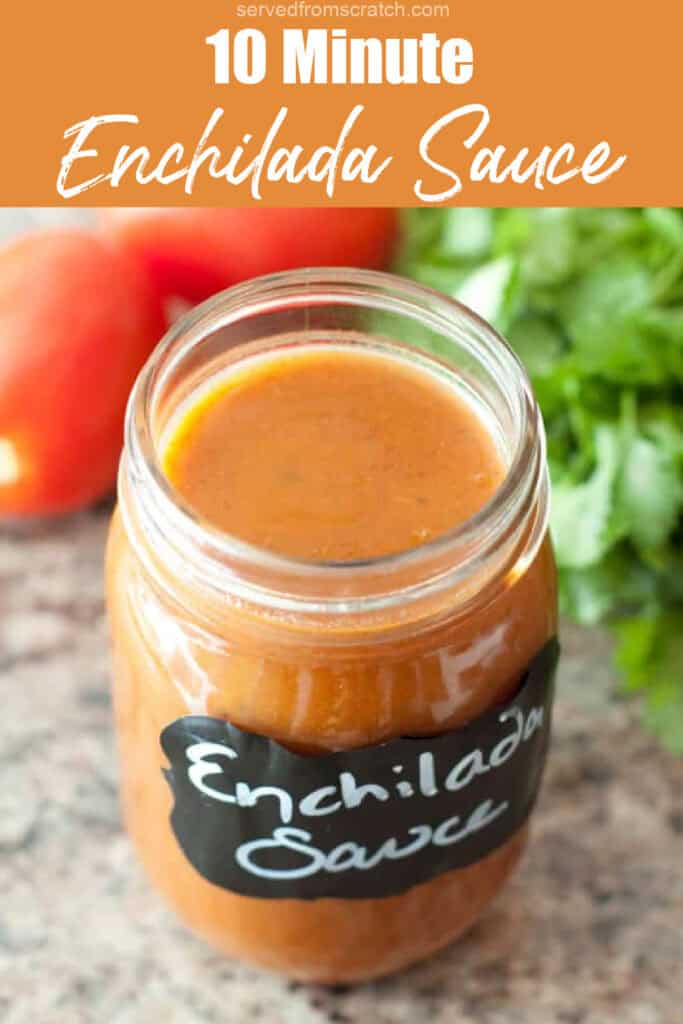 an open labeled jar of enchilada sauce and Pinterest pin text.