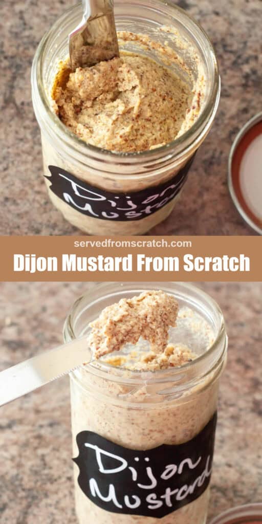 an open jar with a knife and dijon mustard and Pinterest pin text and then the knife with some mustard on it.