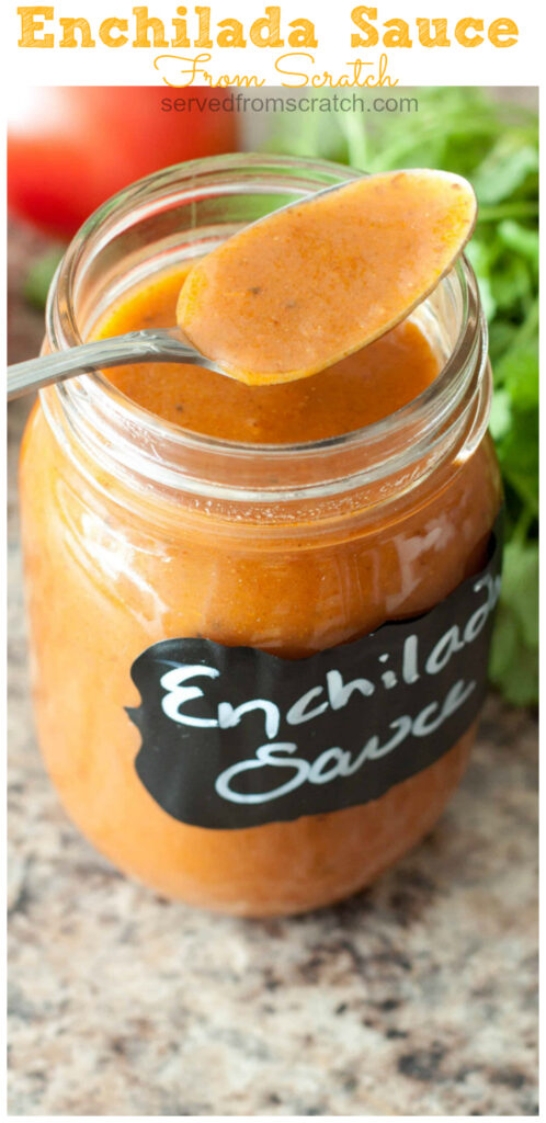 a mason jar of enchilada sauce with a spoon and Pinterest pin text.