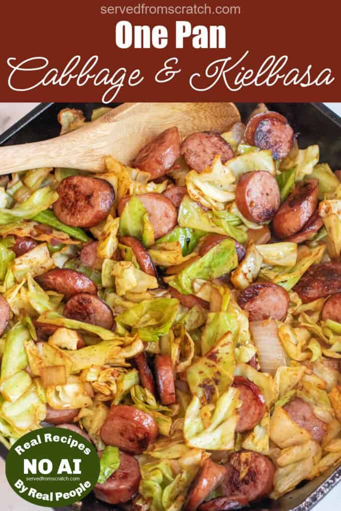 overhead of large pan with cooked kielbasa and cabbage with Pinterest pin text with NO AI sticker.