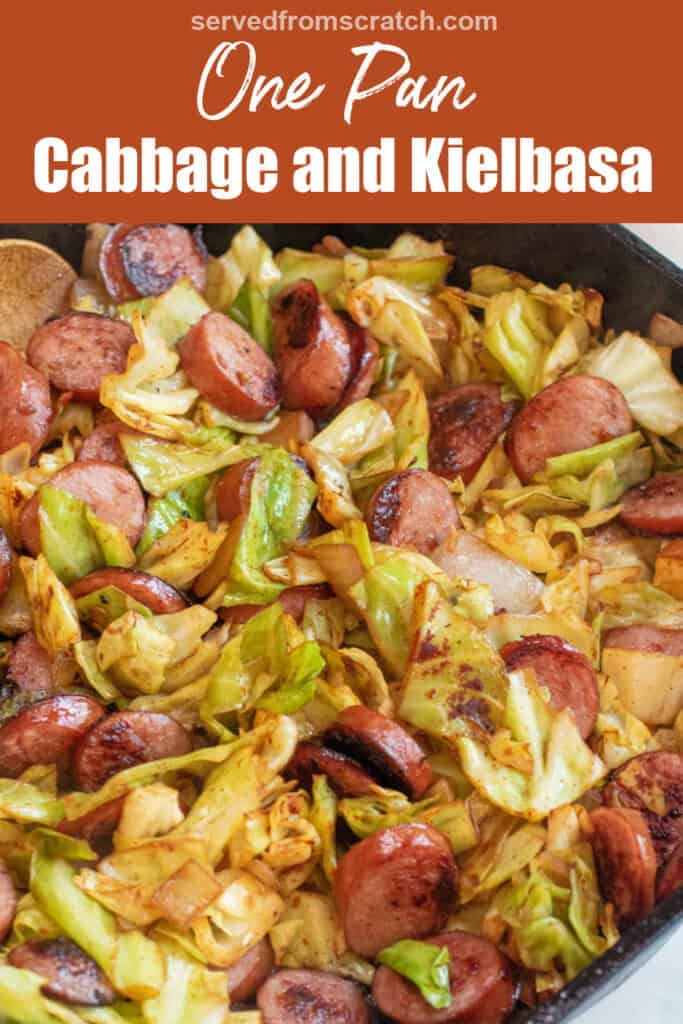 a pot of cooked cabbage and sliced kielbasa with Pinterest pin text.