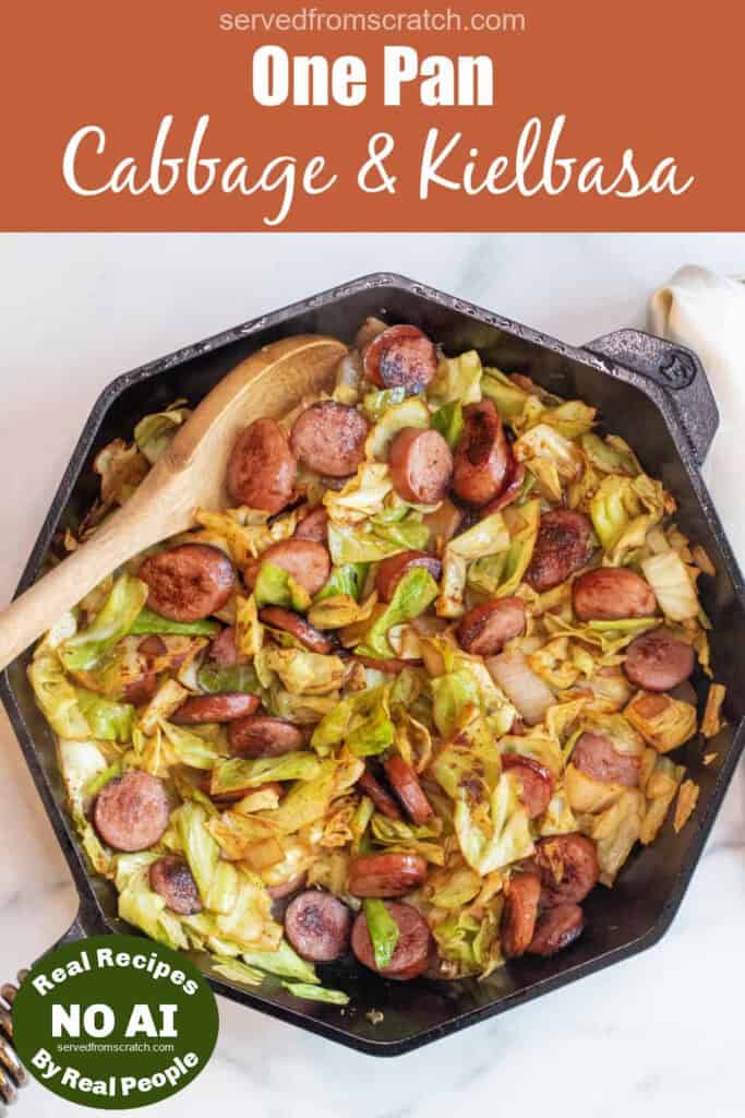overhead of large pan with cooked kielbasa and cabbage with Pinterest pin text with NO AI sticker.