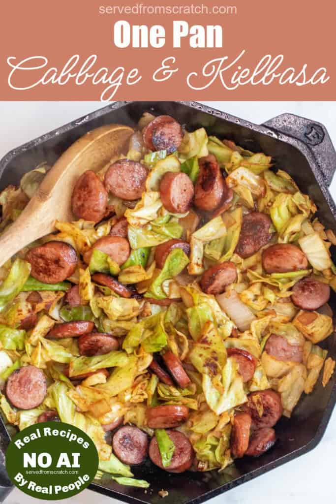 overhead of large pan with cooked kielbasa and cabbage with Pinterest pin text with NO AI sticker.