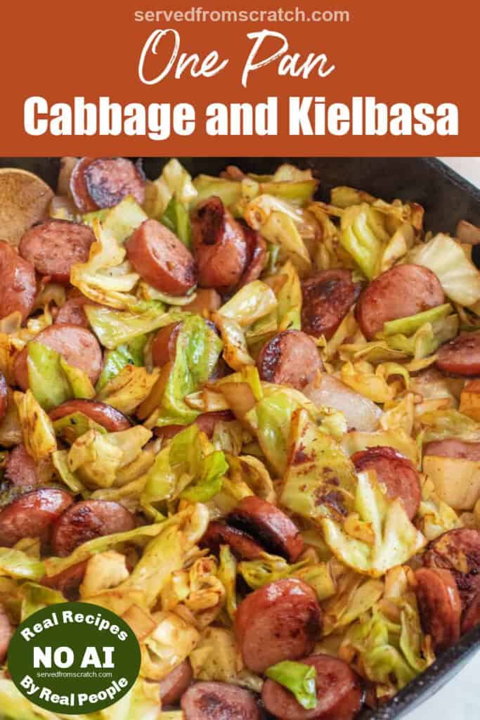 overhead of large pan with cooked kielbasa and cabbage with Pinterest pin text with NO AI sticker.