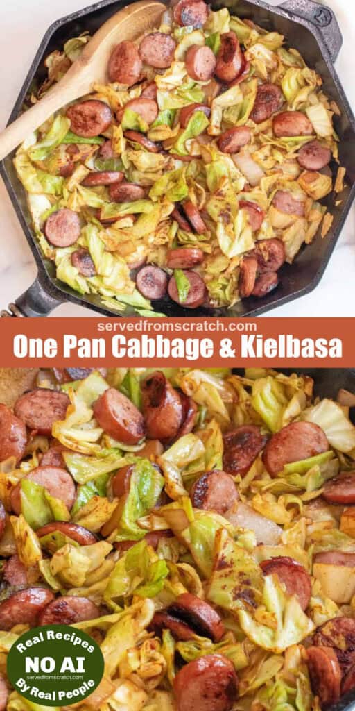 overhead of large pan with cooked kielbasa and cabbage with Pinterest pin text with NO AI sticker.