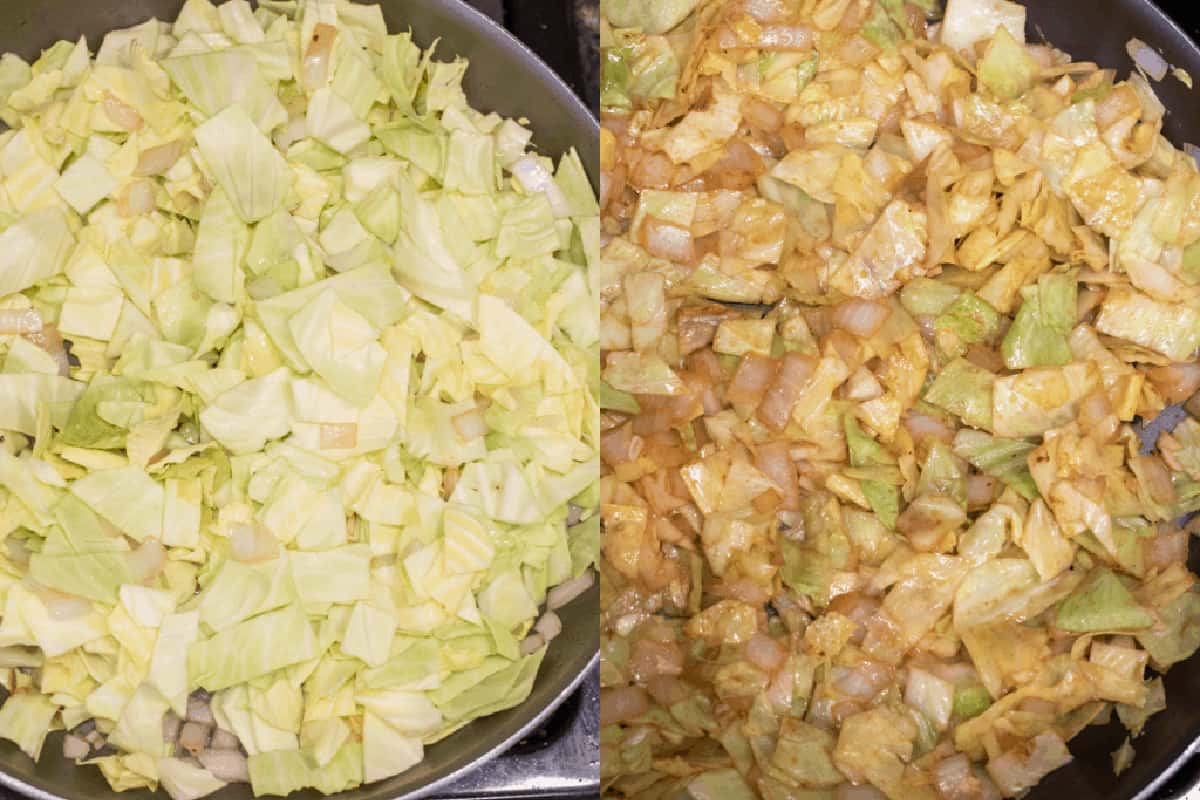 pan with uncooked cabbage and cooked cabbage.