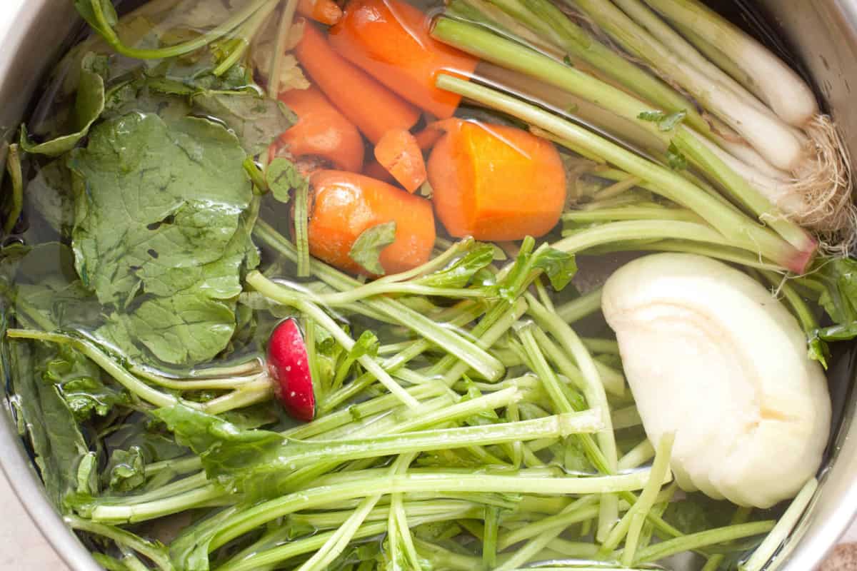 vegetable scraps in a pot.