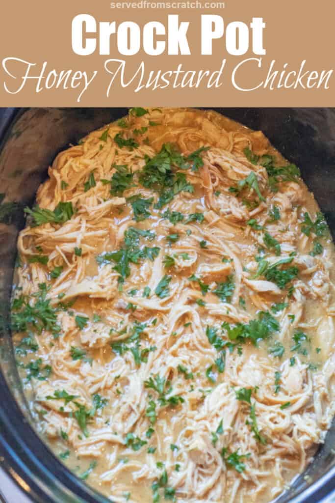 shredded chicken with parsley in a crock pot with Pinterest pin text.