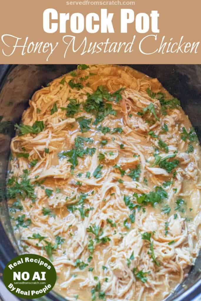 shredded chicken with parsley in a crock pot with Pinterest pin text with NO AI sticker.