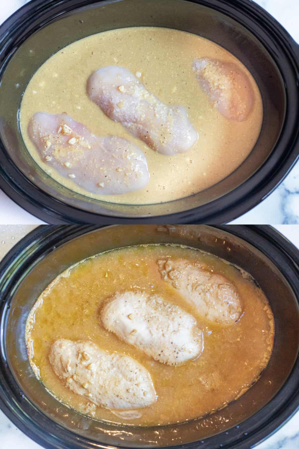 two crock pots, one with uncooked chicken in liquid and the other with cooked chicken.