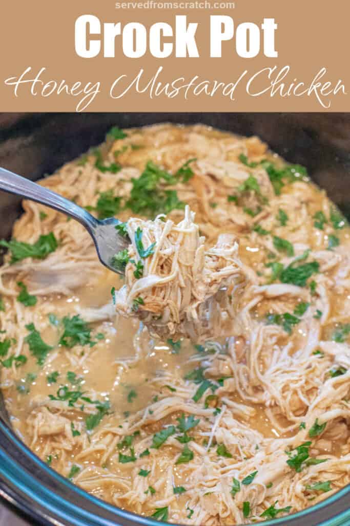 shredded chicken held up with a fork and Pinterest pin text.