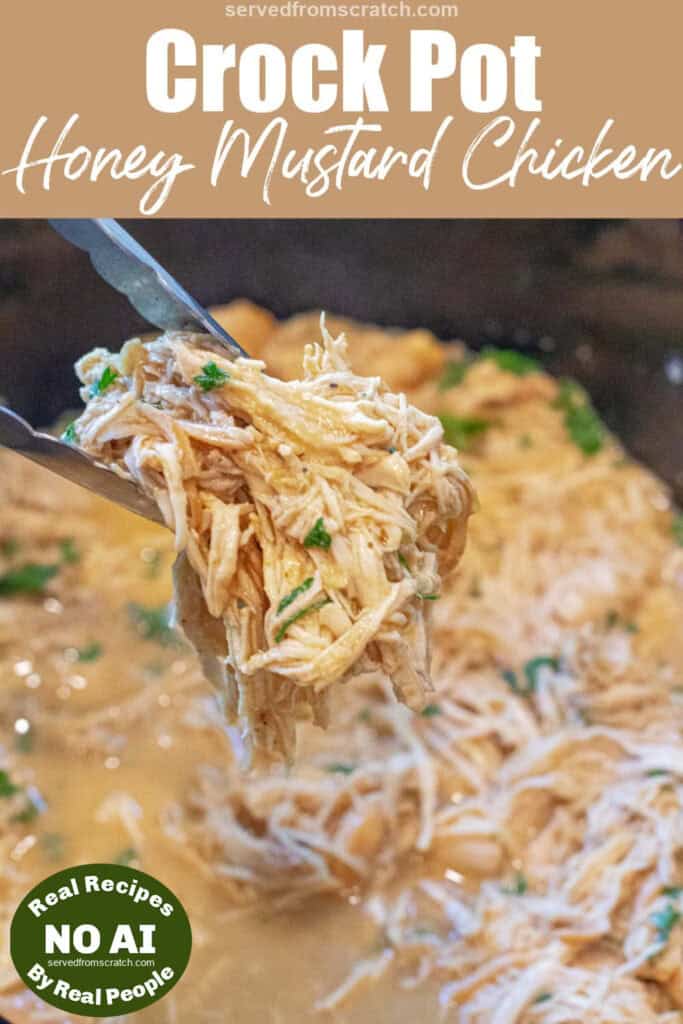 tongs holding shredded chicken in a crock pot of shredded chicken with Pinterest pin text with NO AI sticker.