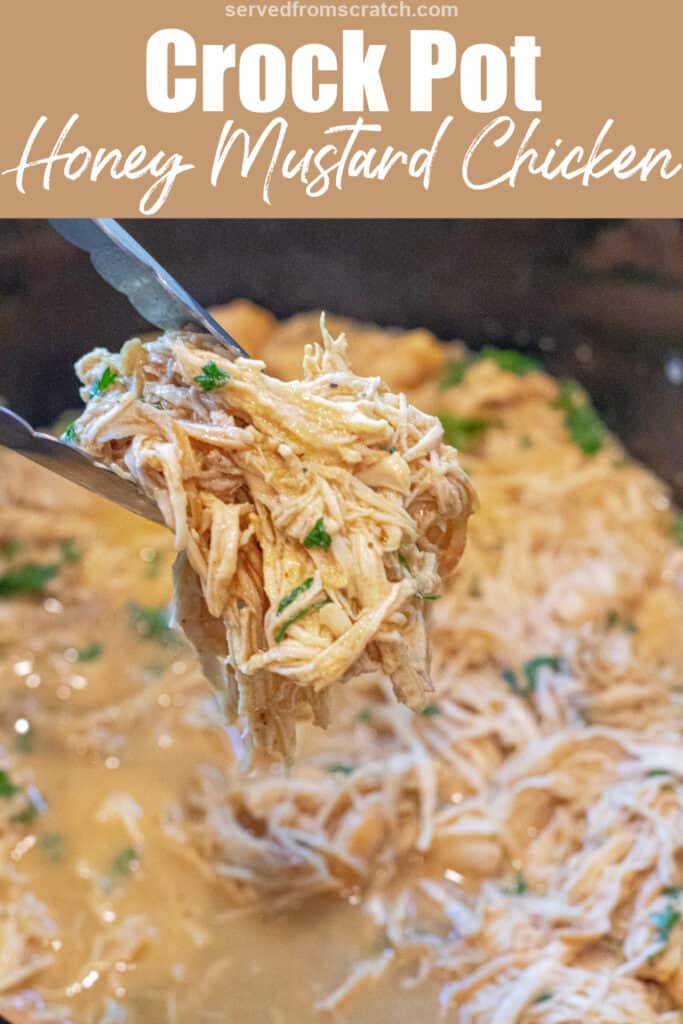 tongs holding shredded chicken in a crock pot of shredded chicken with Pinterest pin text.