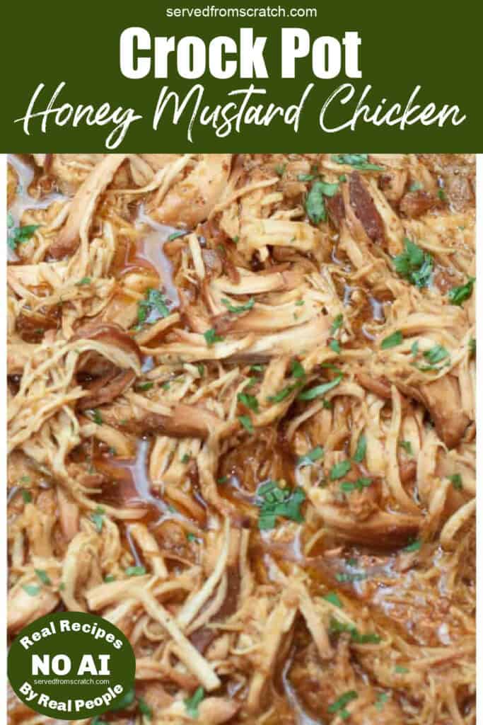 shredded chicken with parsley in a crock pot with Pinterest pin text with NO AI sticker.