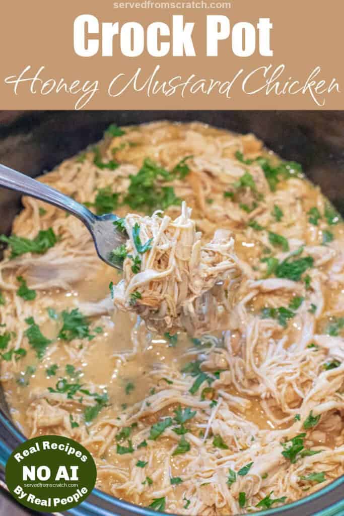 shredded chicken held up with a fork and Pinterest pin text with NO AI sticker.