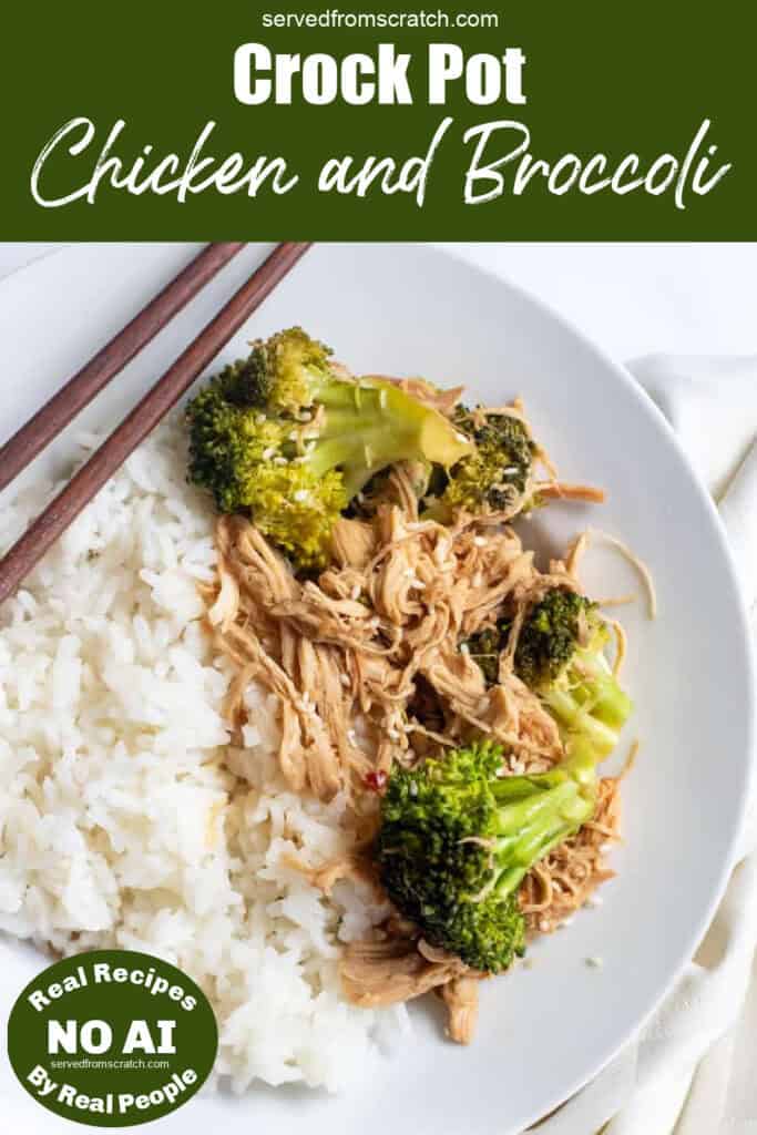 an overhead of a bowl of rice, shredded chicken, and broccoli with chopsticks with Pinterest pin text and NO AI sticker.