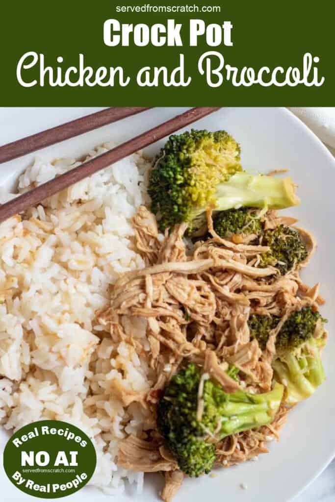 an overhead of a bowl of rice, shredded chicken, and broccoli with chopsticks with Pinterest pin text and NO AI sticker.
