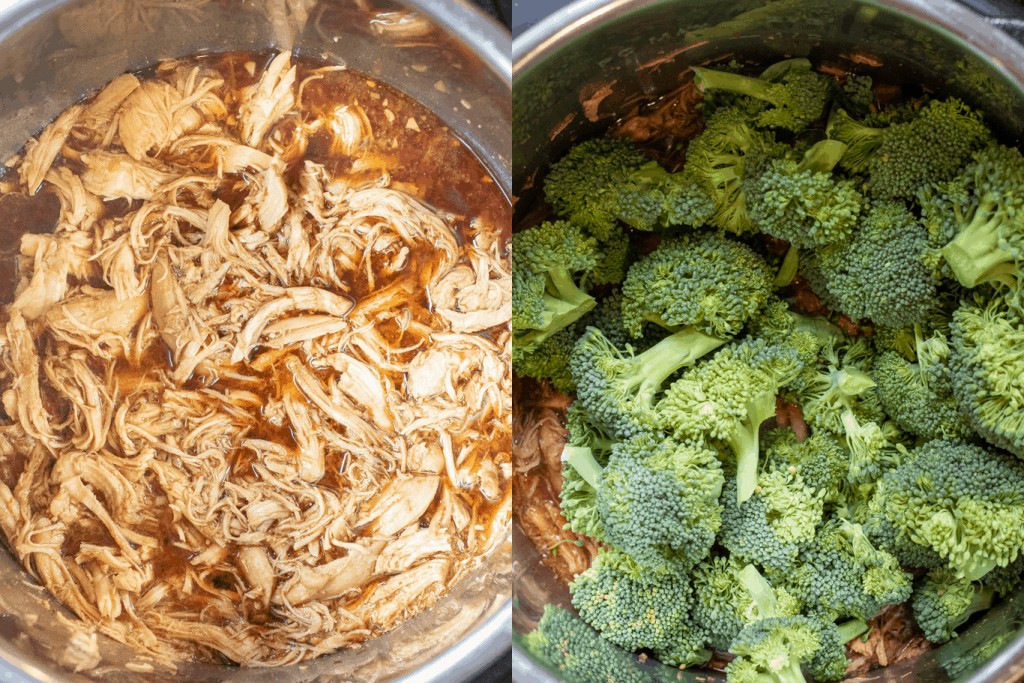 shredded chicken in a pot with sauce and fresh broccoli on top.