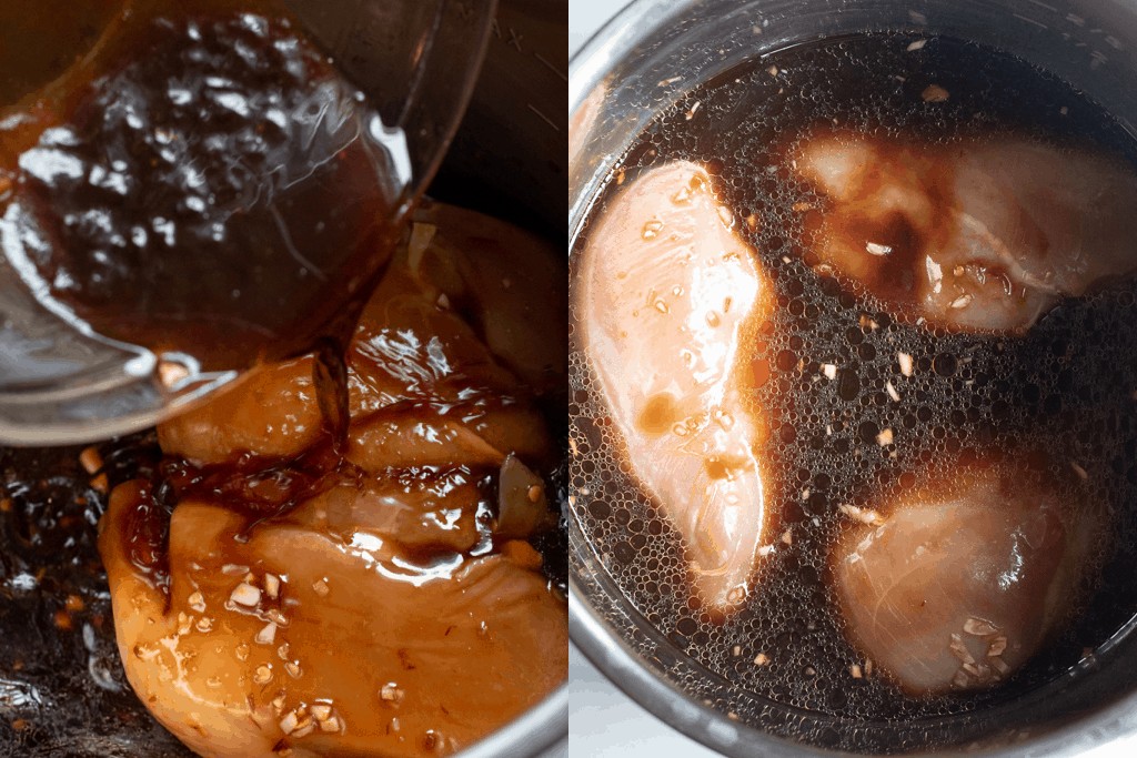 sauce being poured on chicken and raw chicken sauced in a bowl.