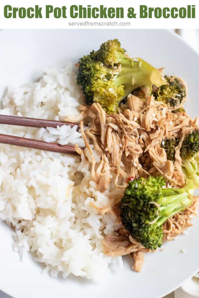 a plate with chopsticks, rice, shredded chicken, and broccoli with Pinterest Pin text.