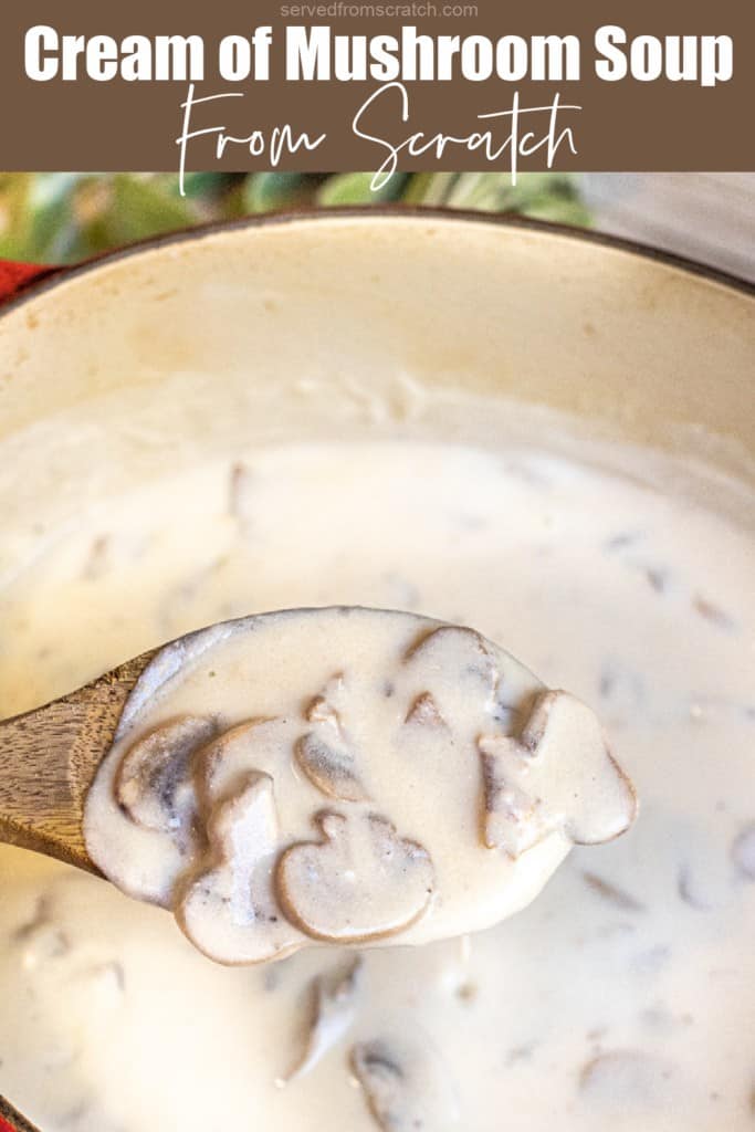 a spoon of cream of mushroom soup over a pot with Pinterest pin text.
