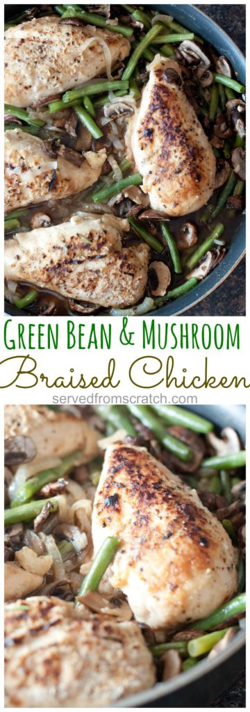 cooked chicken breasts with green beans and mushrooms in a skillet with Pinterest pin text.