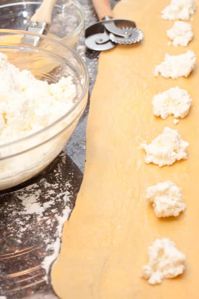 a sheet of pasta rolled out with rounds of ricotta cheese in a line.