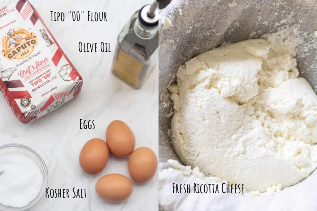 flour, oil, eggs, salt on a counter and ricotta cheese in a cheese cloth.
