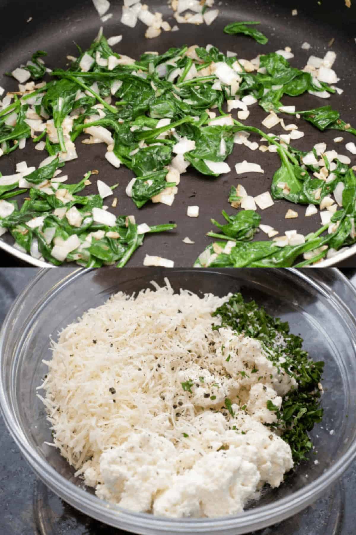 sauteed spinach and onion and a bowl of shredded cheeses and parsley and salt and pepper.