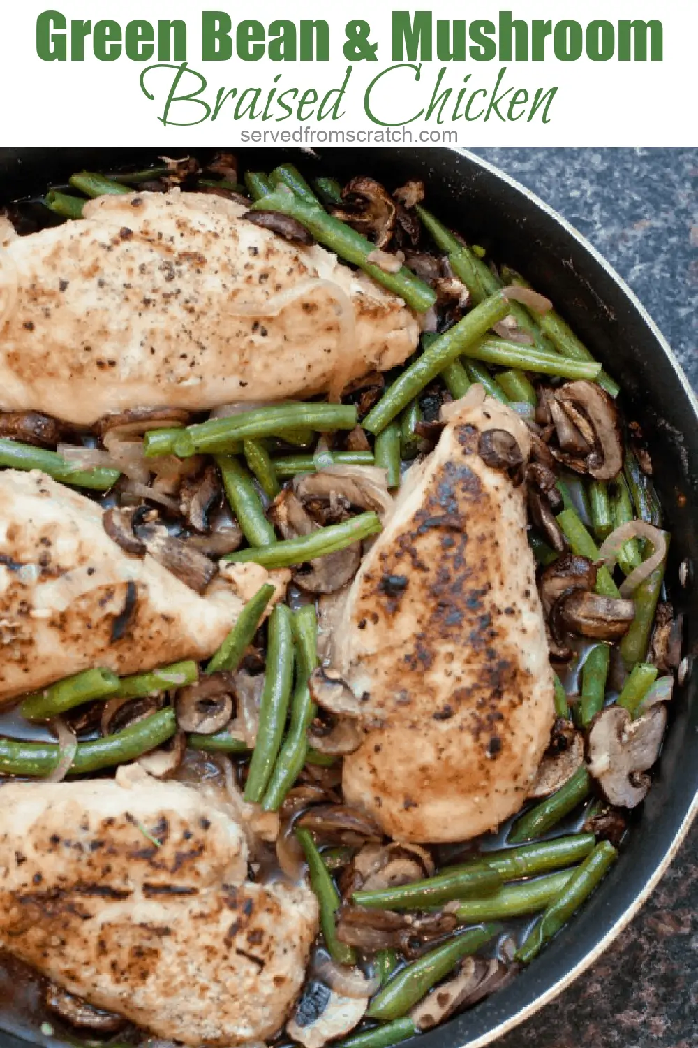 labeled raw chicken, stock, green beans, mushrooms, onions, garlic shallots on counter, oil, vinegar, and salt and pepper.