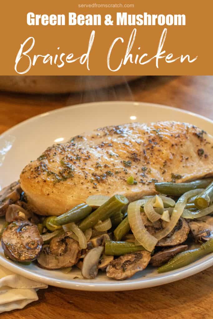 a plate with cooked chicken breast and green beans and mushrooms with Pinterest pin text.