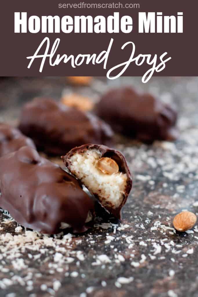 a halved mini almond joy on a counter with Pinterest pin text.