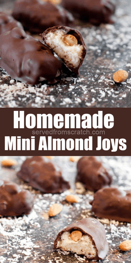 mini almond joys on coconut floured counter with Pinterest Pin Text.