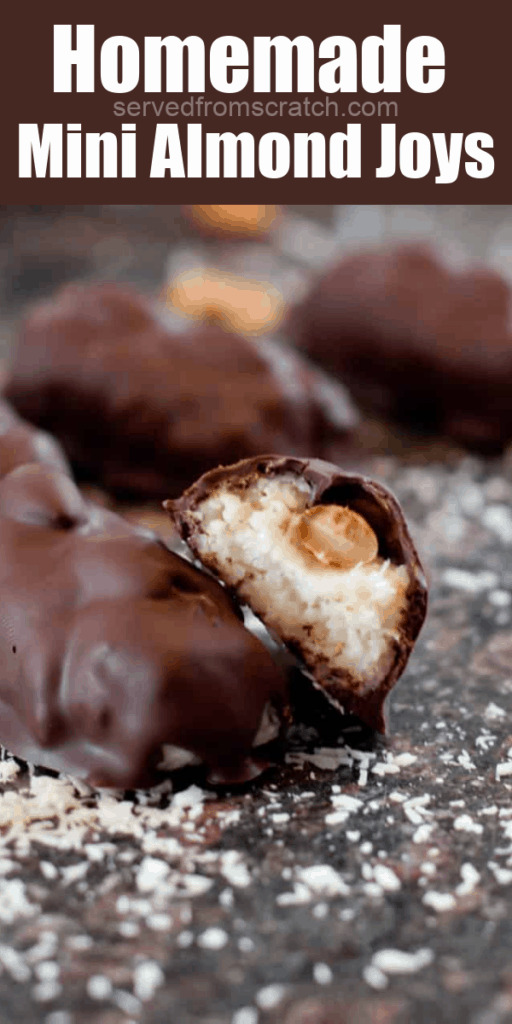 mini almond joys on coconut floured counter with Pinterest Pin Text.