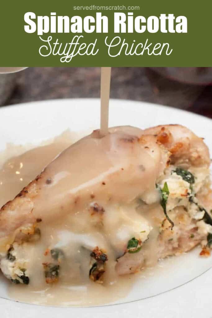 a stuffed chicken breast with gravy being poured on top with Pinterest pin text.
