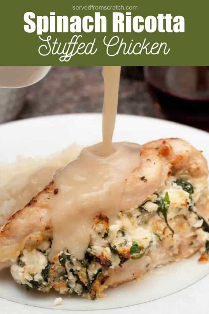 a stuffed chicken breast with gravy being poured on top with Pinterest pin text.