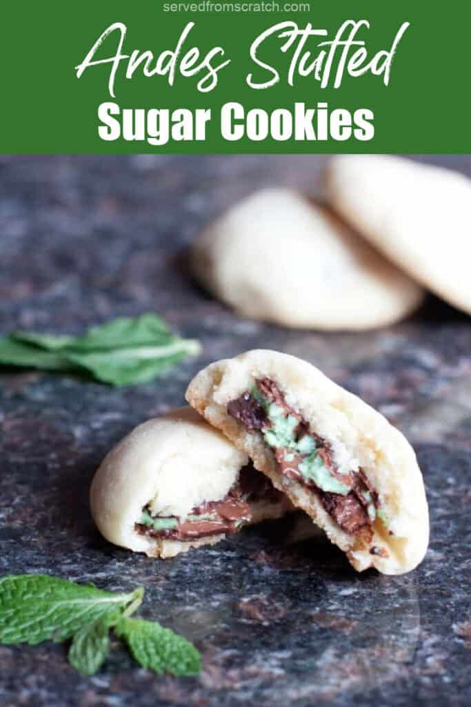 a halved cookie stacked with an andes mints on the inside and Pinterest pin text.