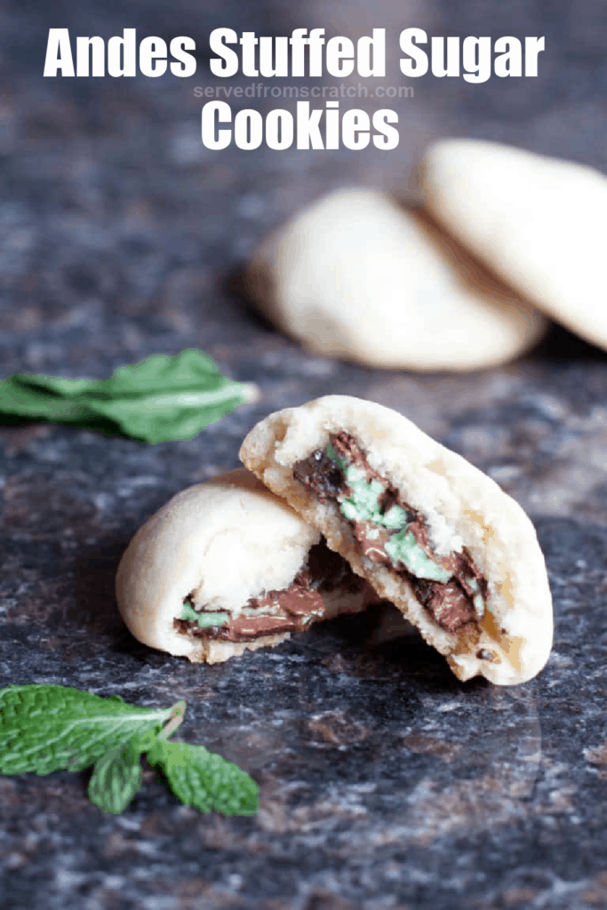 a halved cookie stacked with an andes mints on the inside with Pinterest pin text.