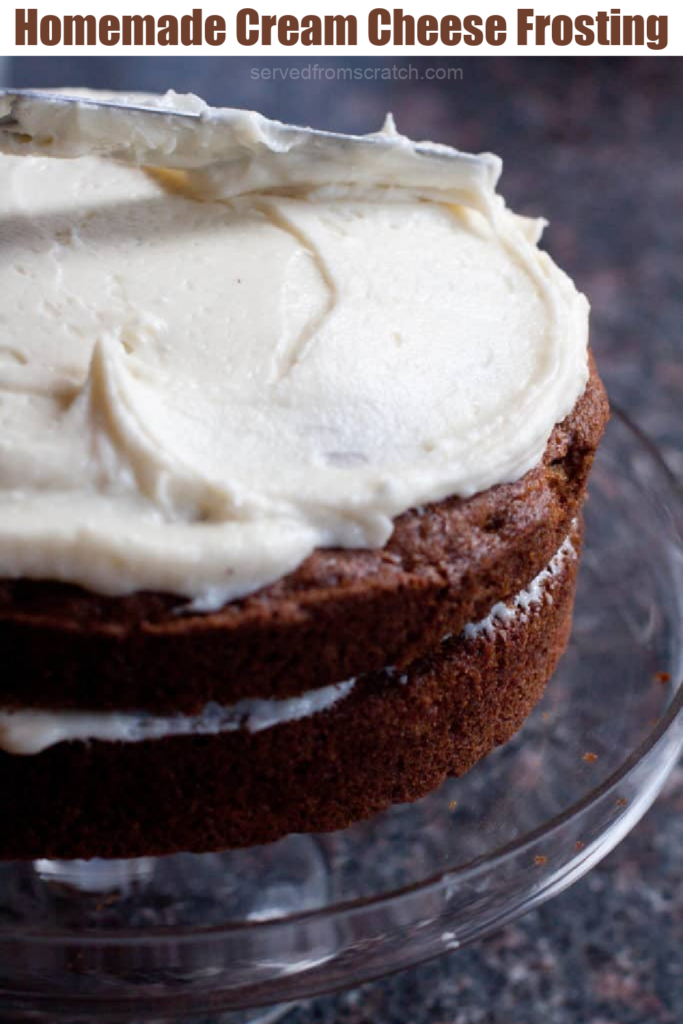 a cake being frosted with a knife with PInterest Pin text.