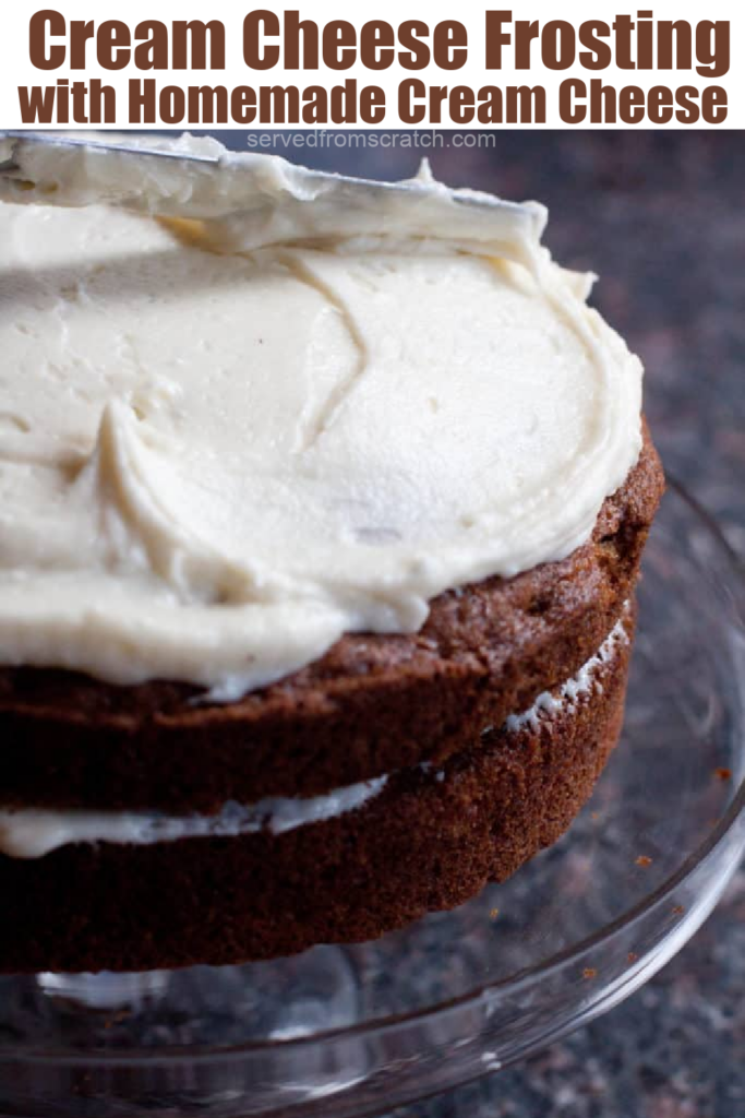 a cake being frosted with a knife with PInterest Pin text.