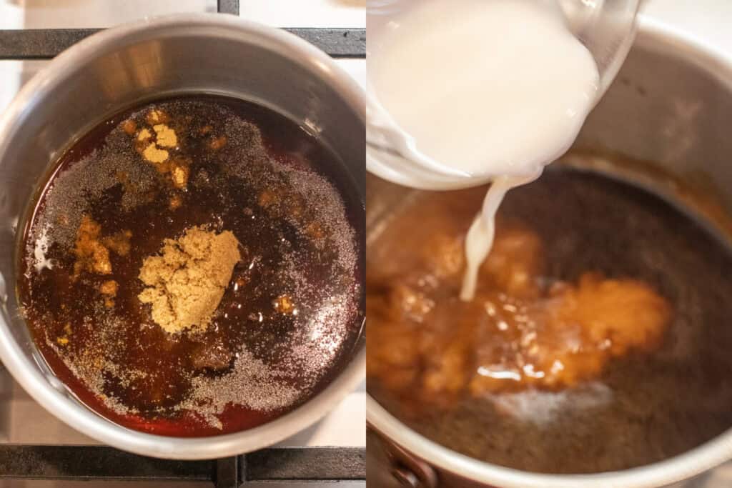 a picture of two pots, one with soy and ground ginger and garlic and then the other with a cornstarch slurry being poured in.