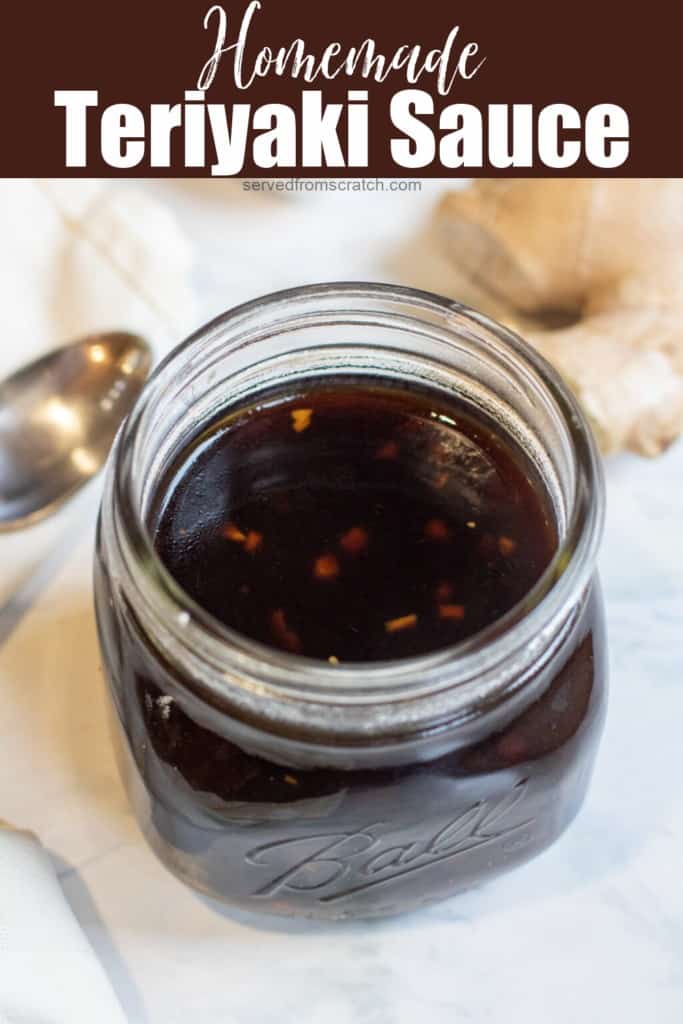 a jar of teriyaki sauce with Pinterest pin text.