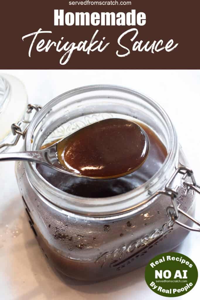 a spoon of teriyaki sauce over an open jar of sauce with Pinterest pin and NO AI sticker.