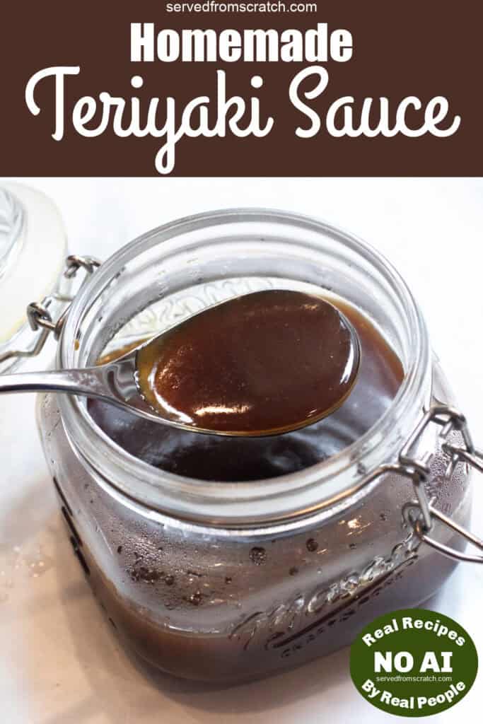 a spoon of teriyaki sauce over an open jar of sauce with Pinterest pin and NO AI sticker.