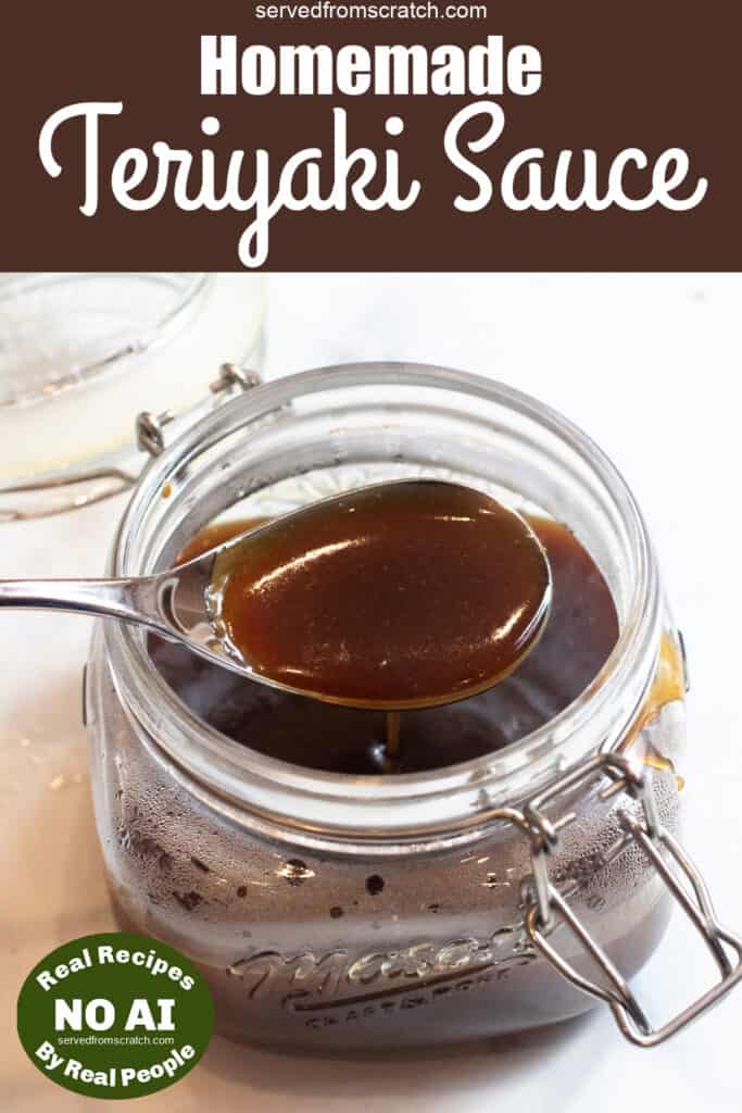a spoon of teriyaki sauce over an open jar of sauce with Pinterest pin and NO AI sticker.