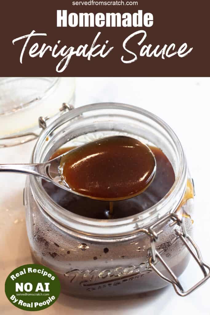 a spoon of teriyaki sauce over an open jar of sauce with Pinterest pin and NO AI sticker.