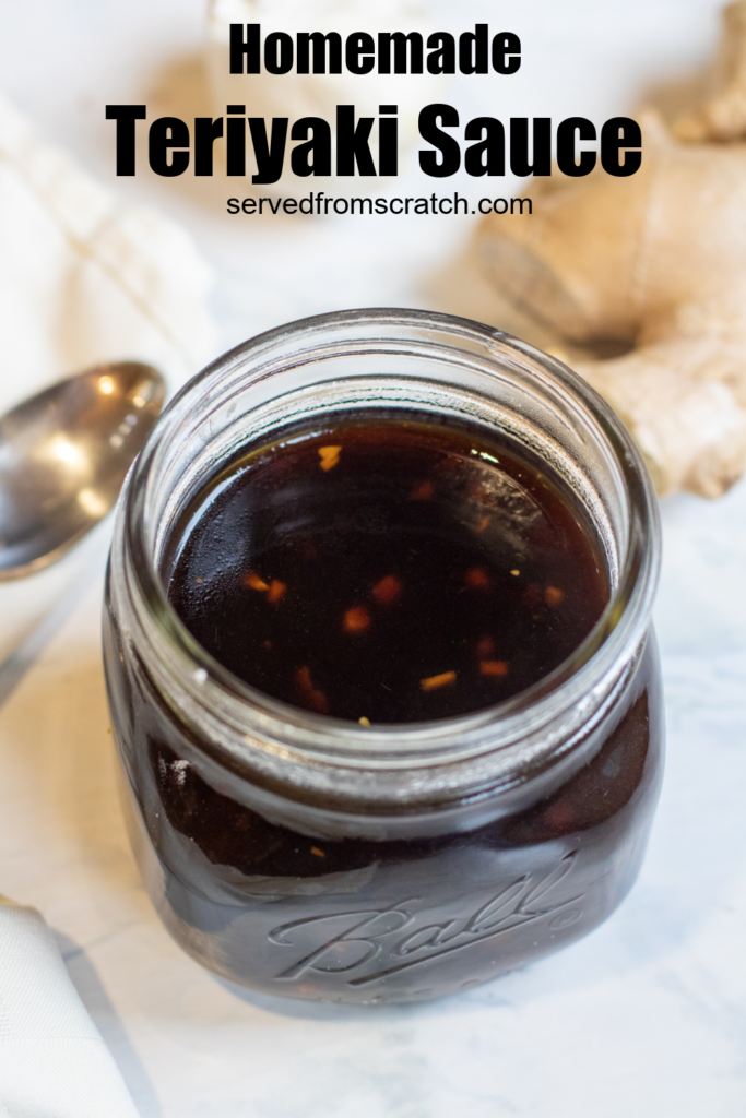a jar of brown sauce with a spoon ginger, and garlic next to it with Pinterest pin text.