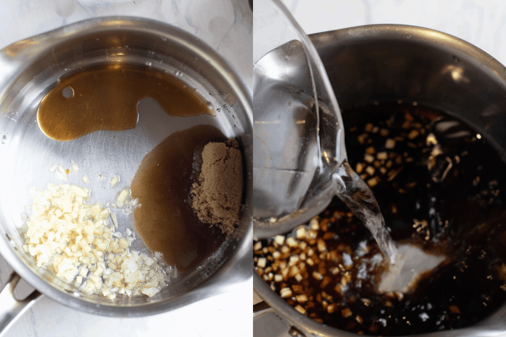 two pots, one with garlic and ginger and sugar and then with soy sauce and water being poured in