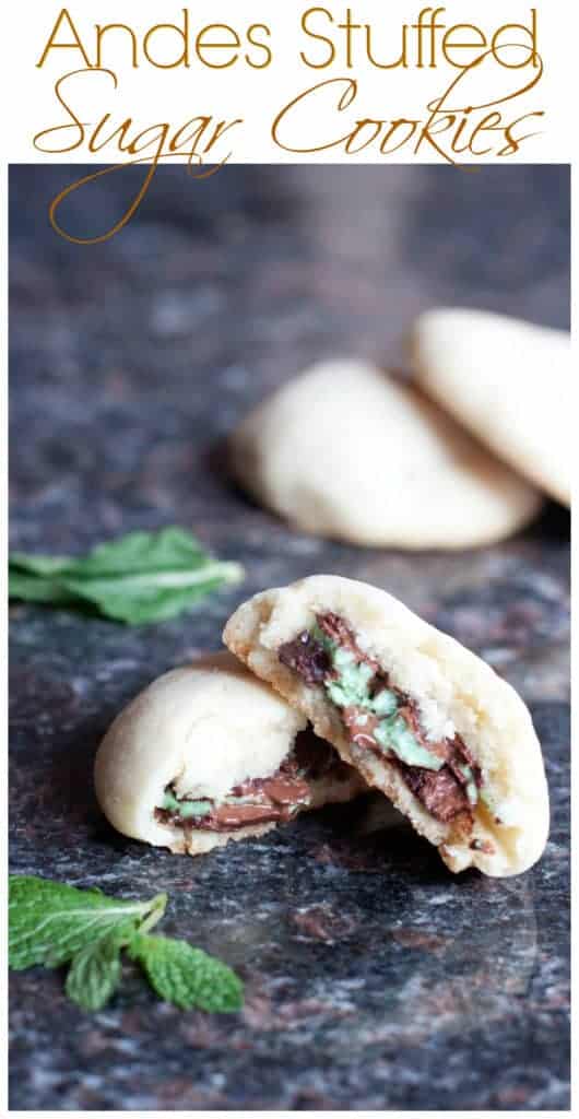 a halved cookie stacked with an andes mints on the inside with Pinterest pin text.